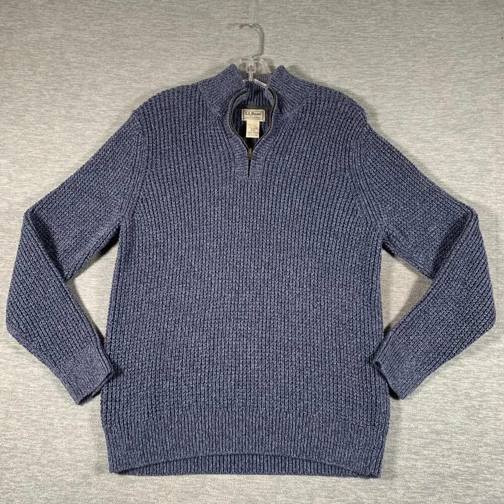 LL Bean Sweater Mens Small Blue 1/4 Zip Mock Neck Organic Cotton Knit Pullover